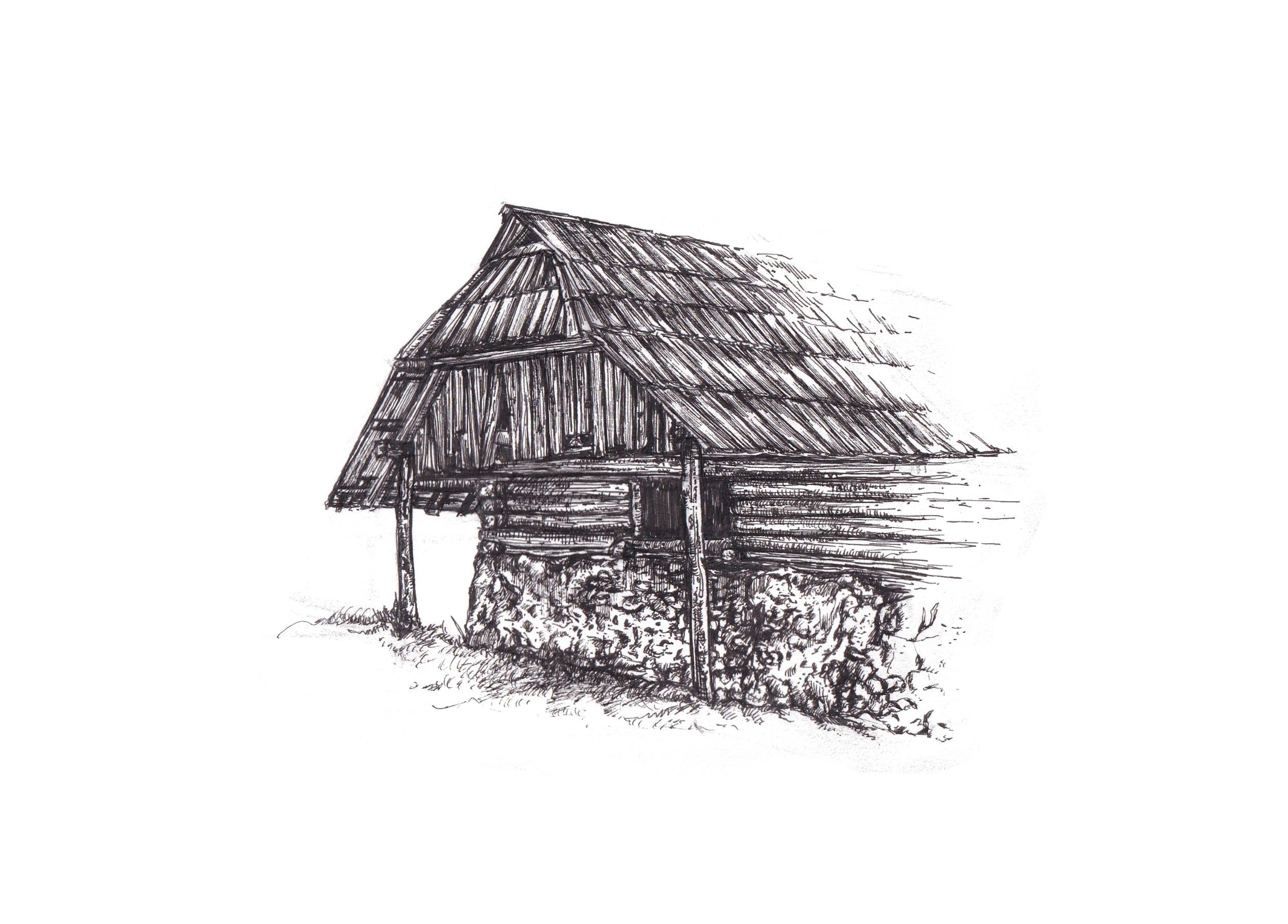Dessins d'une vieille cabane en bois avec un toit en tuiles, entourée de broussailles. 