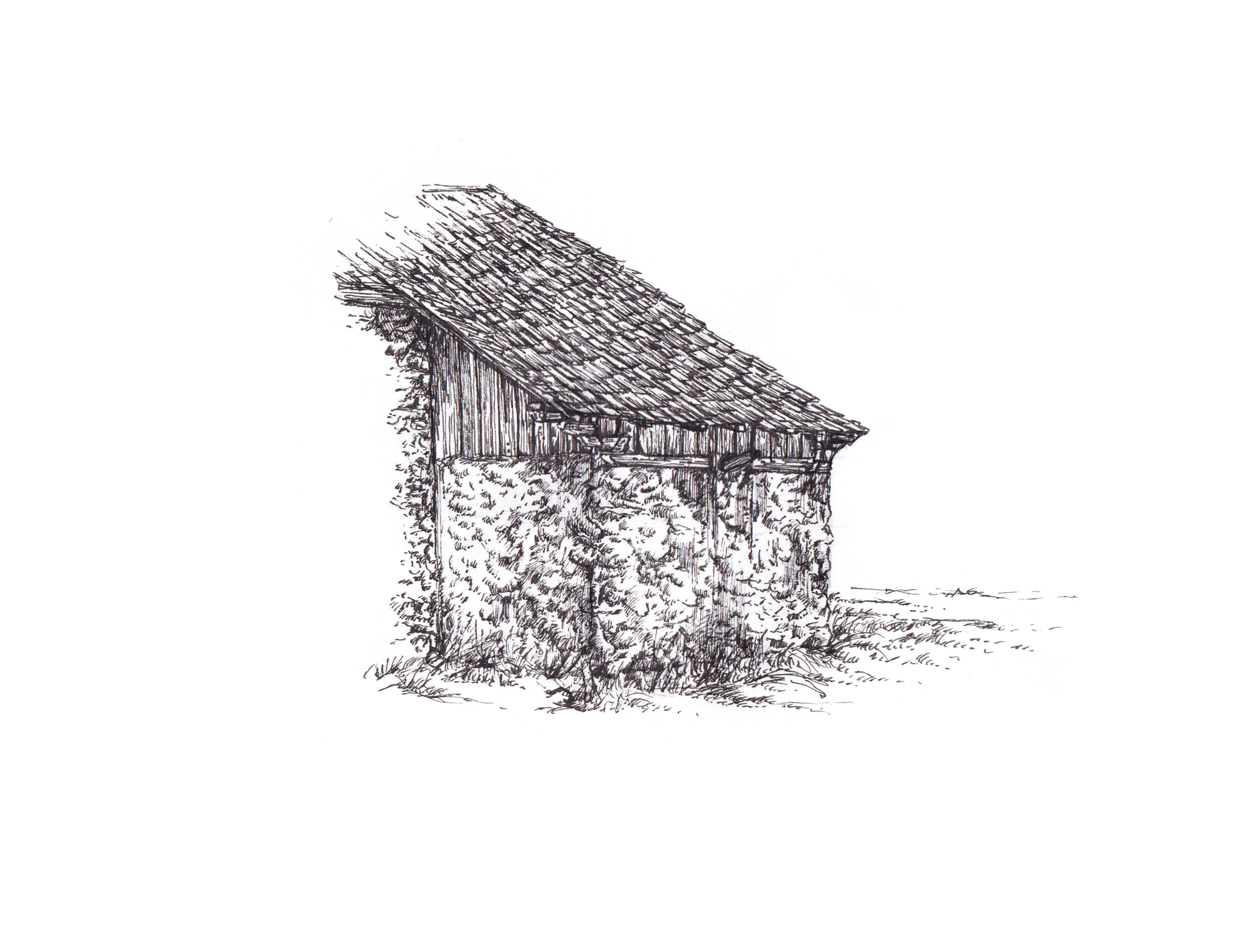 Dessin d'une vieille cabane en bois avec un toit en tuiles et entourée de végétation, située dans un paysage rural.