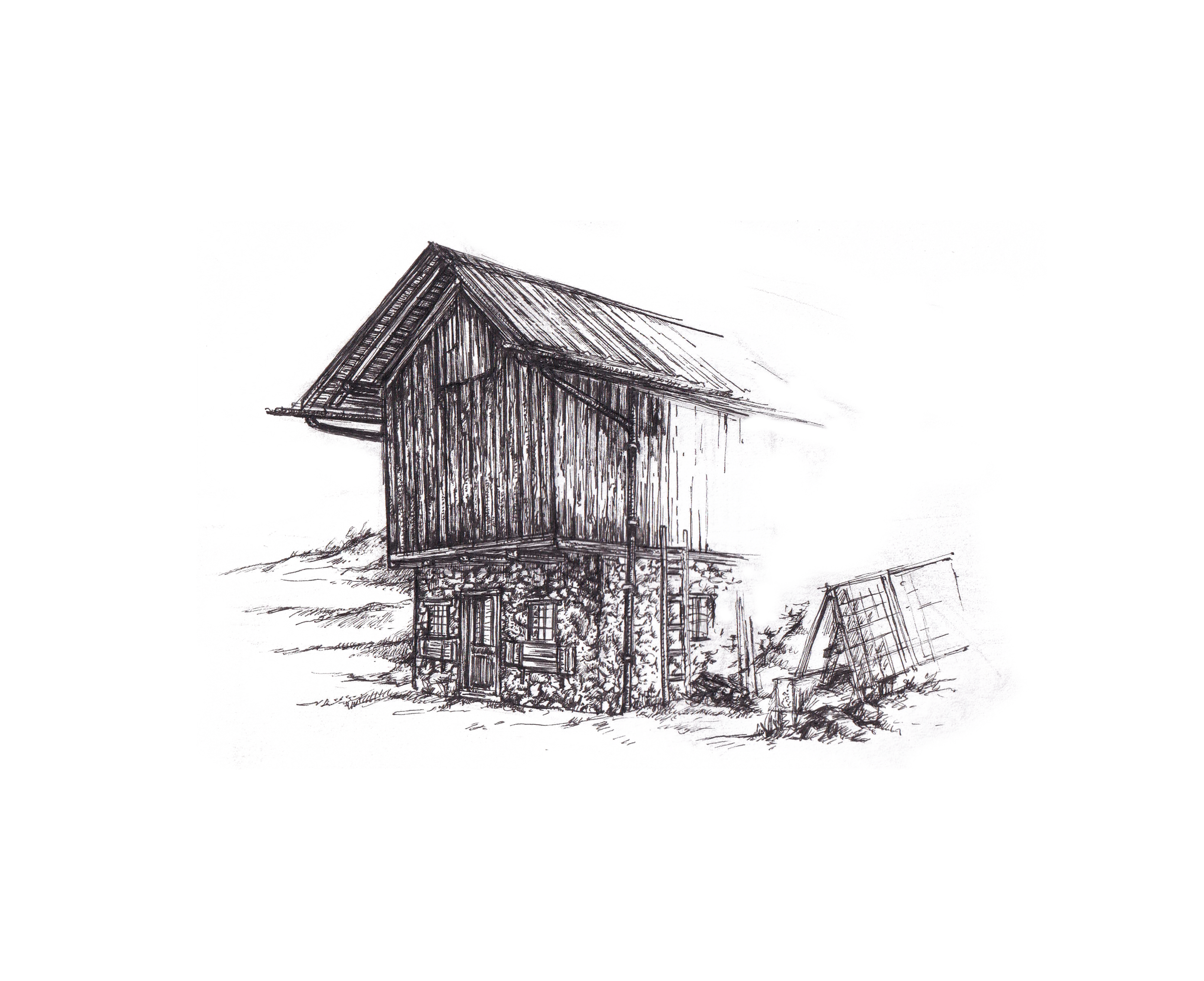 Une maison en bois avec une toiture inclinée, entourée de végétation et un chemin devant.