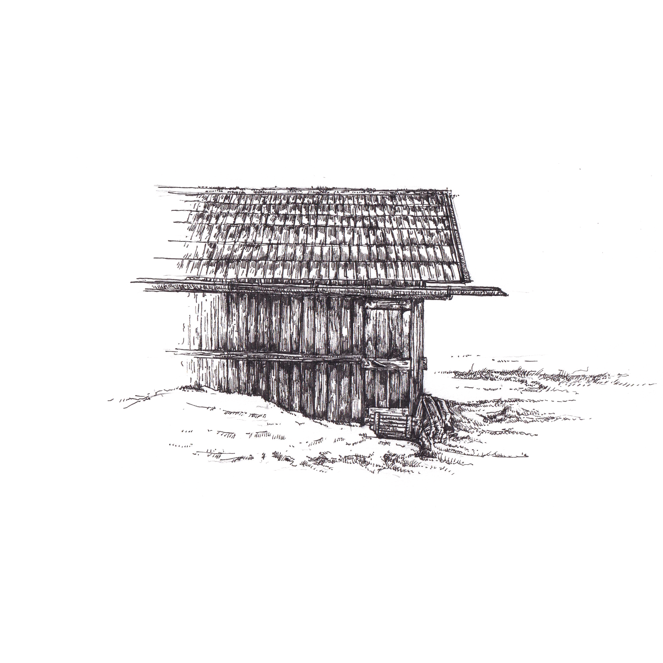 Dessin en noir et blanc d'une vieille cabane en bois avec un toit en tuiles, située dans un paysage rural.