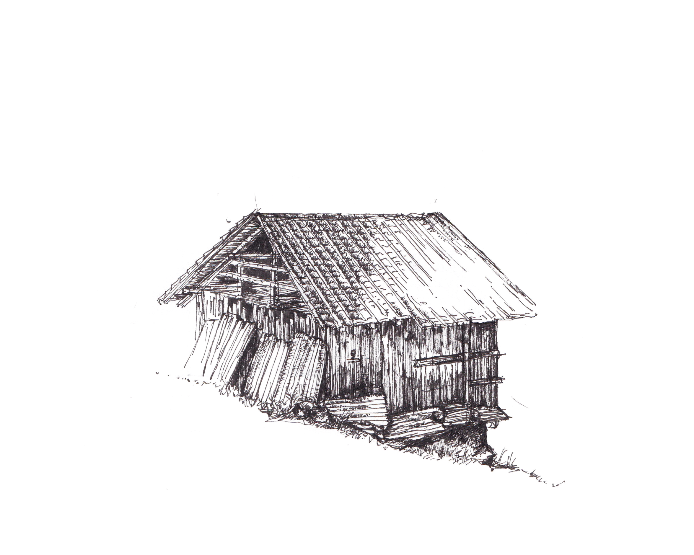 Illustration d'une vieille cabane en bois, avec un toit en tuiles et un petit escalier à l'entrée.