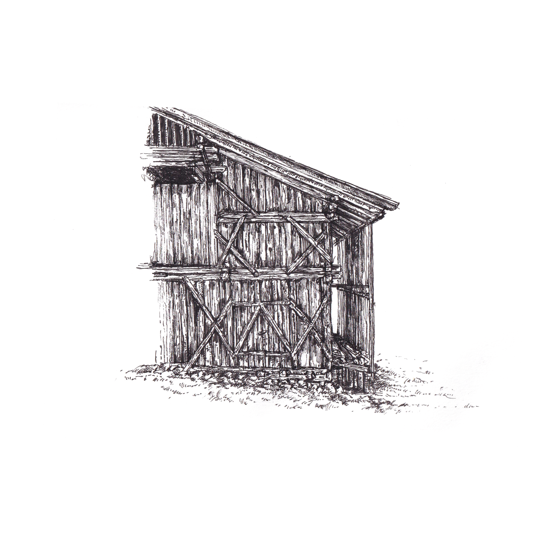 Esquisse en crayon d'une structure en bois avec un toit en pente, comprenant des murs en planche et une plateforme ou une échelle à l'avant.