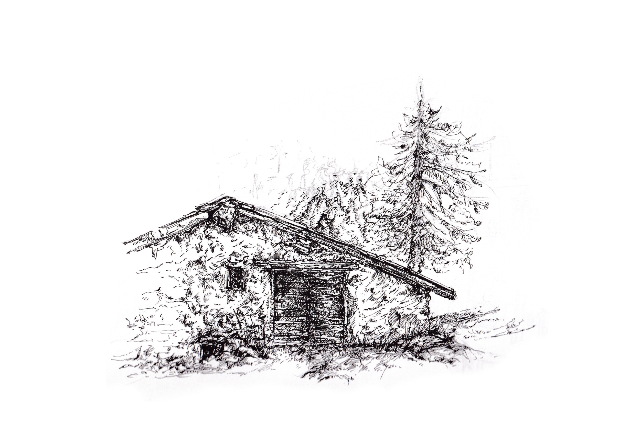 Dessin en noir et blanc d'une cabane en bois dans la nature, entourée d'arbres et de feuillage, avec des montagnes en arrière-plan.