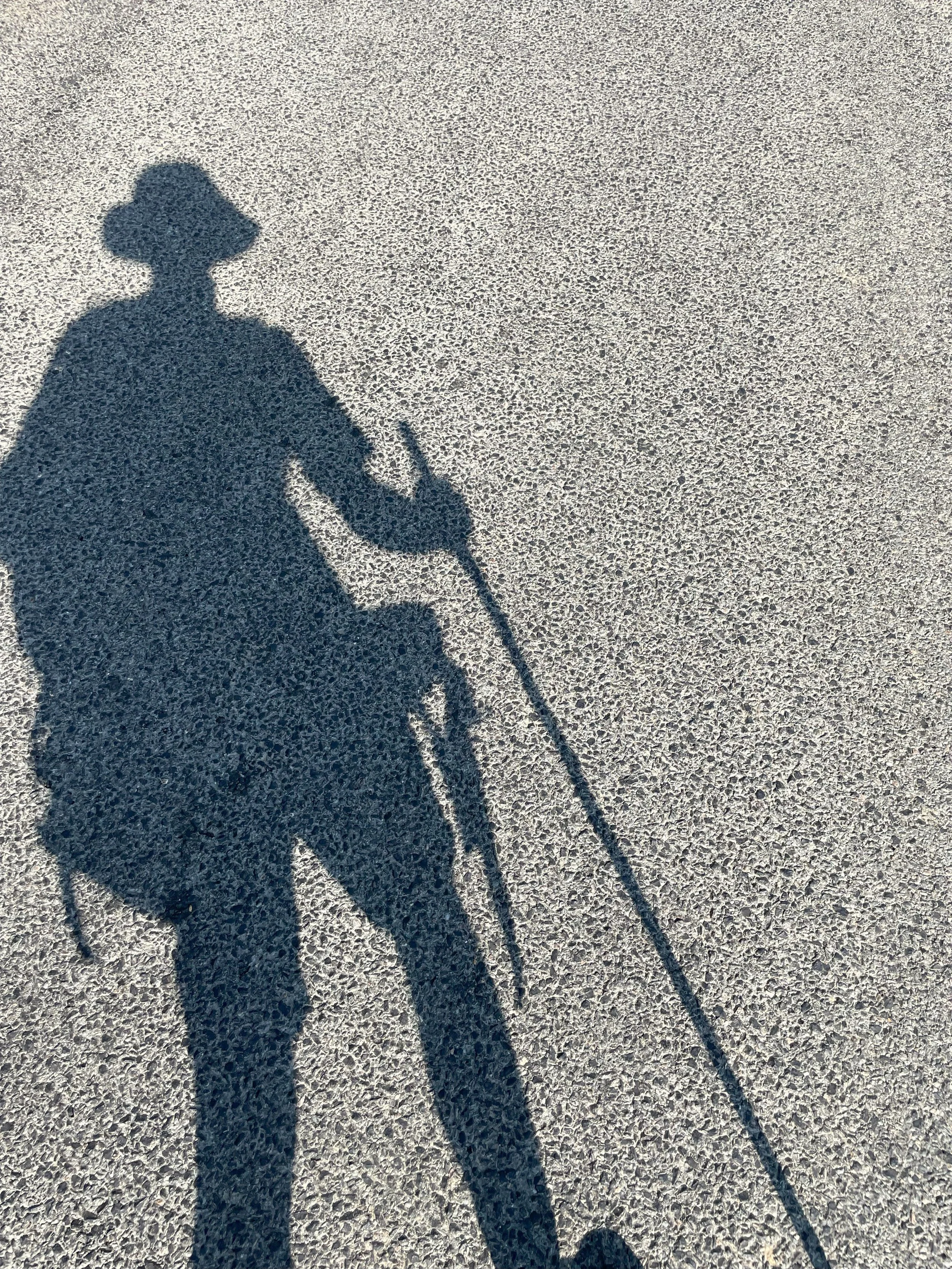 L'ombre d'une personne portant un chapeau, un sac sur le dos et tenant un bâton ou une canne, projetée sur une surface pavée.
