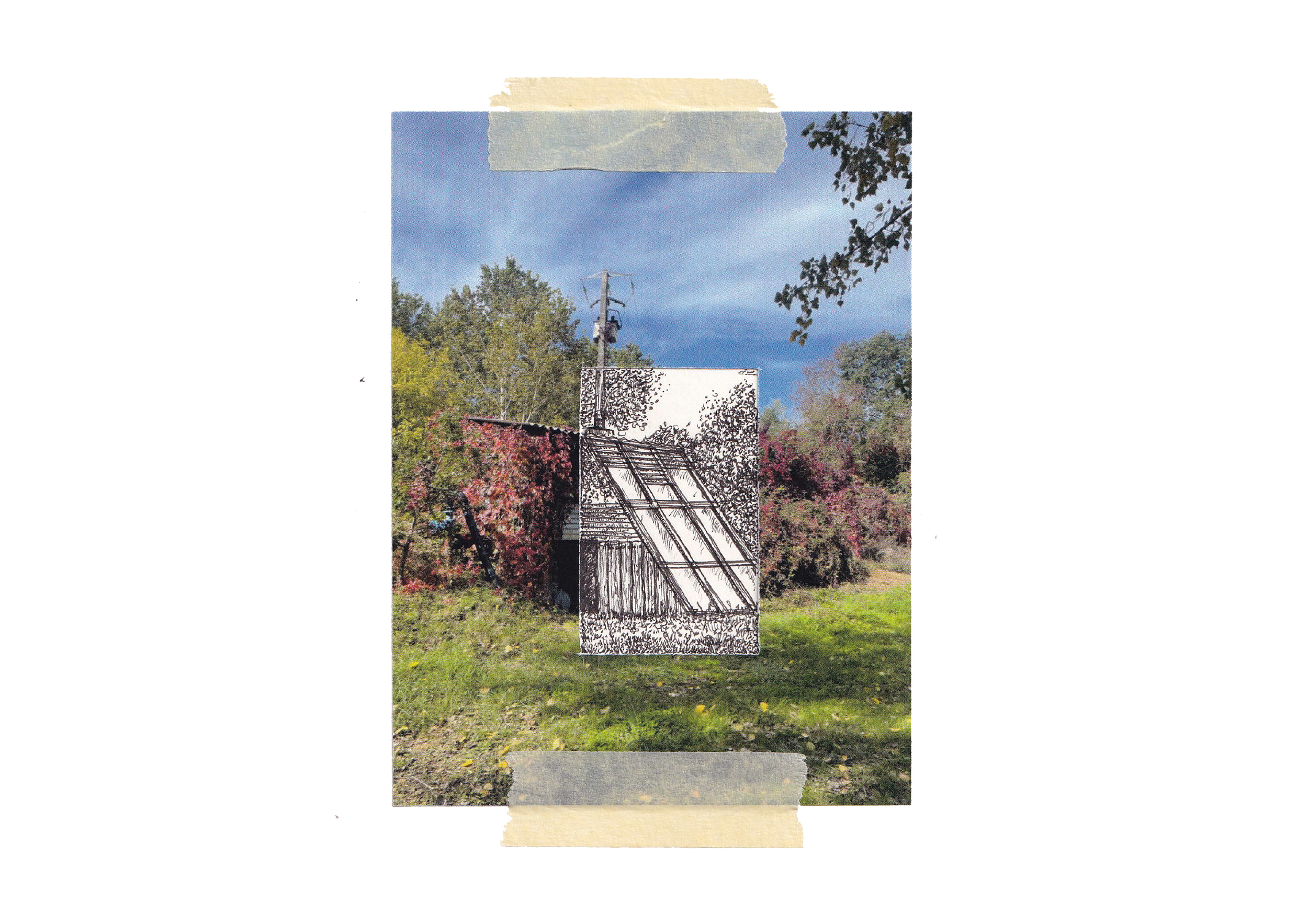 Un paysage de jardin avec des arbres, un ciel orageux, un poteau électrique et une structure en bois, avec un collage de dessin en noir et blanc placé au centre.