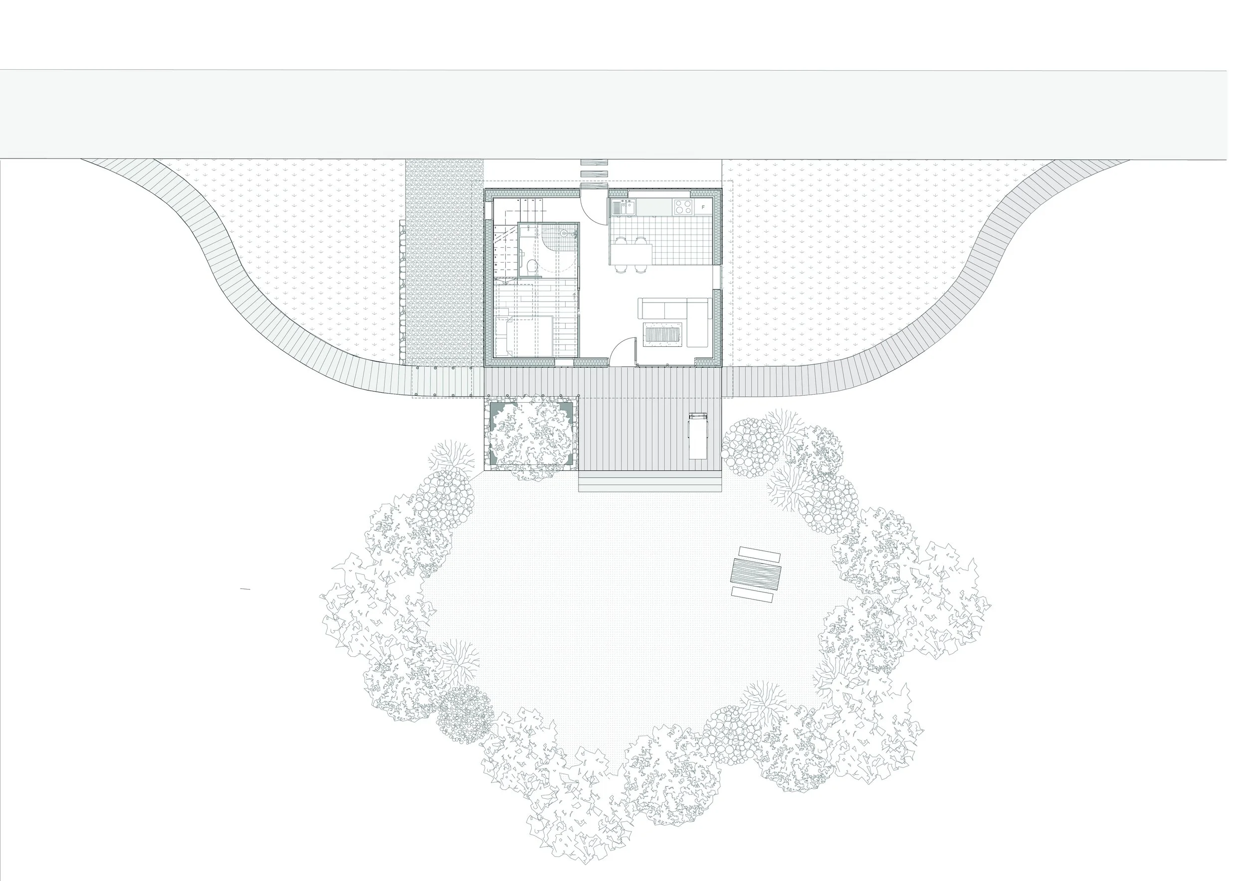 Plan architectural d'une maison avec jardin, comprenant une terrasse, des arbres et un espace de pelouse.
