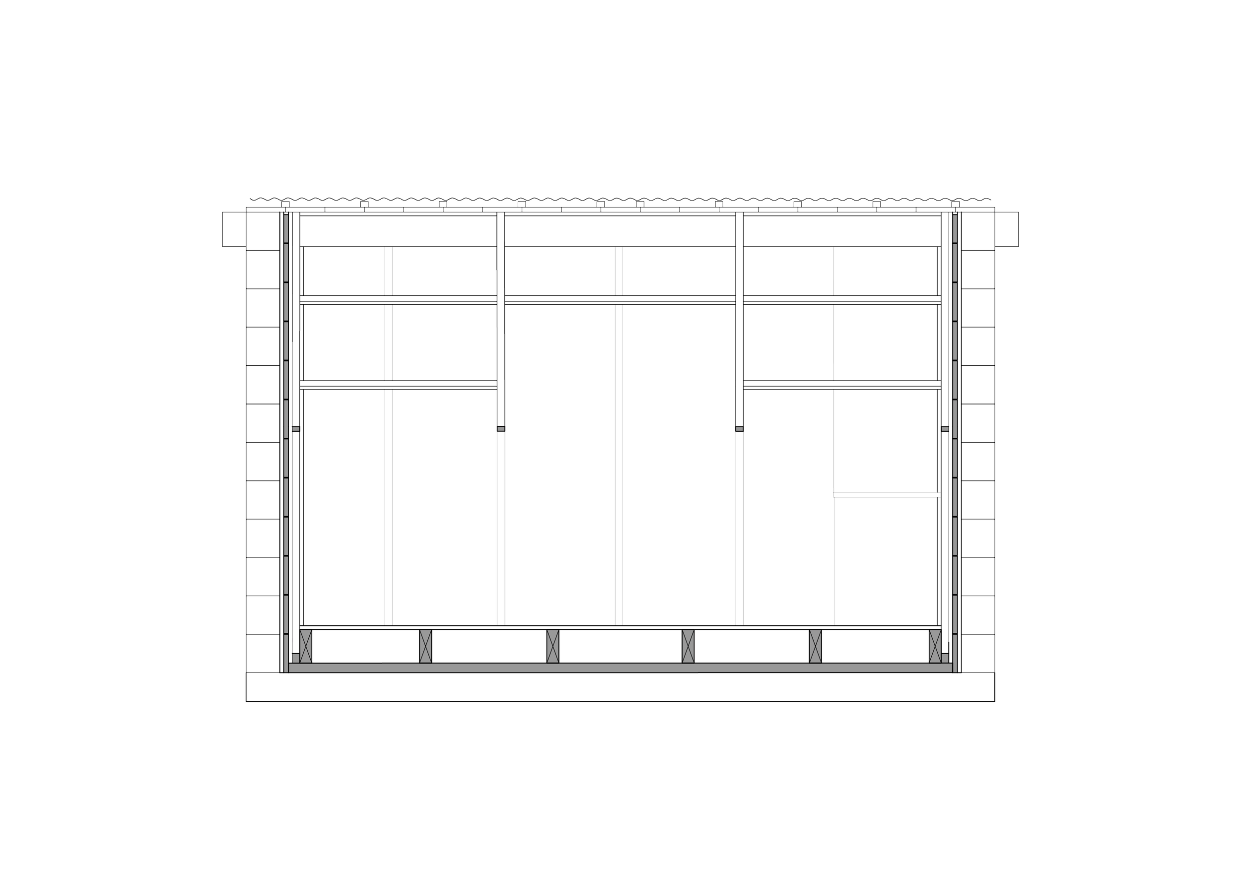 Schéma d'une structure en acier pour un bâtiment avec une porte centrale et des fenêtres, toutes en profilés métalliques.