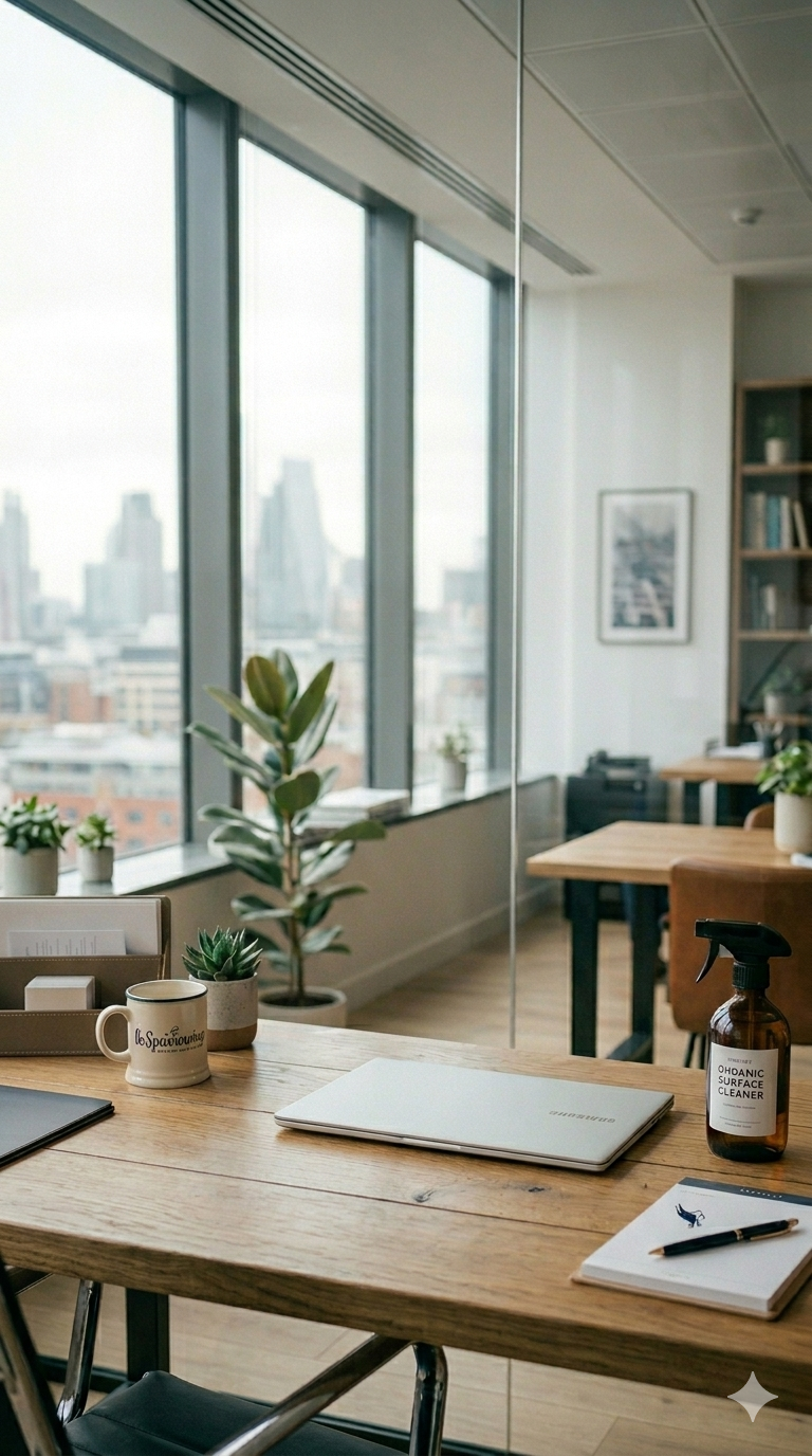 Desk in a modern office with plants, a coffee mug, a laptop, a notepad, and a spray bottle of cleaning solution, with large windows showing a cityscape view.