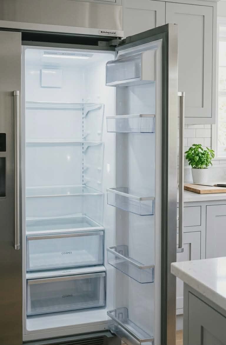Open stainless steel refrigerator with empty shelves in a modern kitchen with gray cabinets and a potted plant on the counter.