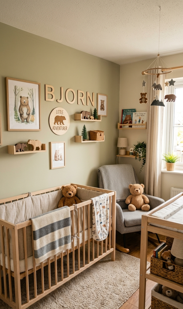 Decorated nursery room with green wall, teddy bears, wooden crib, rocking chair, framed bear artwork, shelves with bear figures, books, and hanging mobile with bears and stars.