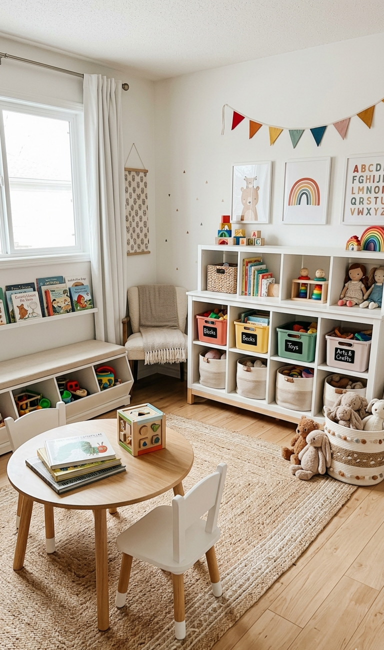 Colorful children's playroom with books, toys, and storage bins, featuring a small round table with books and a few toys, a white shelf filled with toys and books, a cozy armchair, and children's artwork and decorations on the wall.