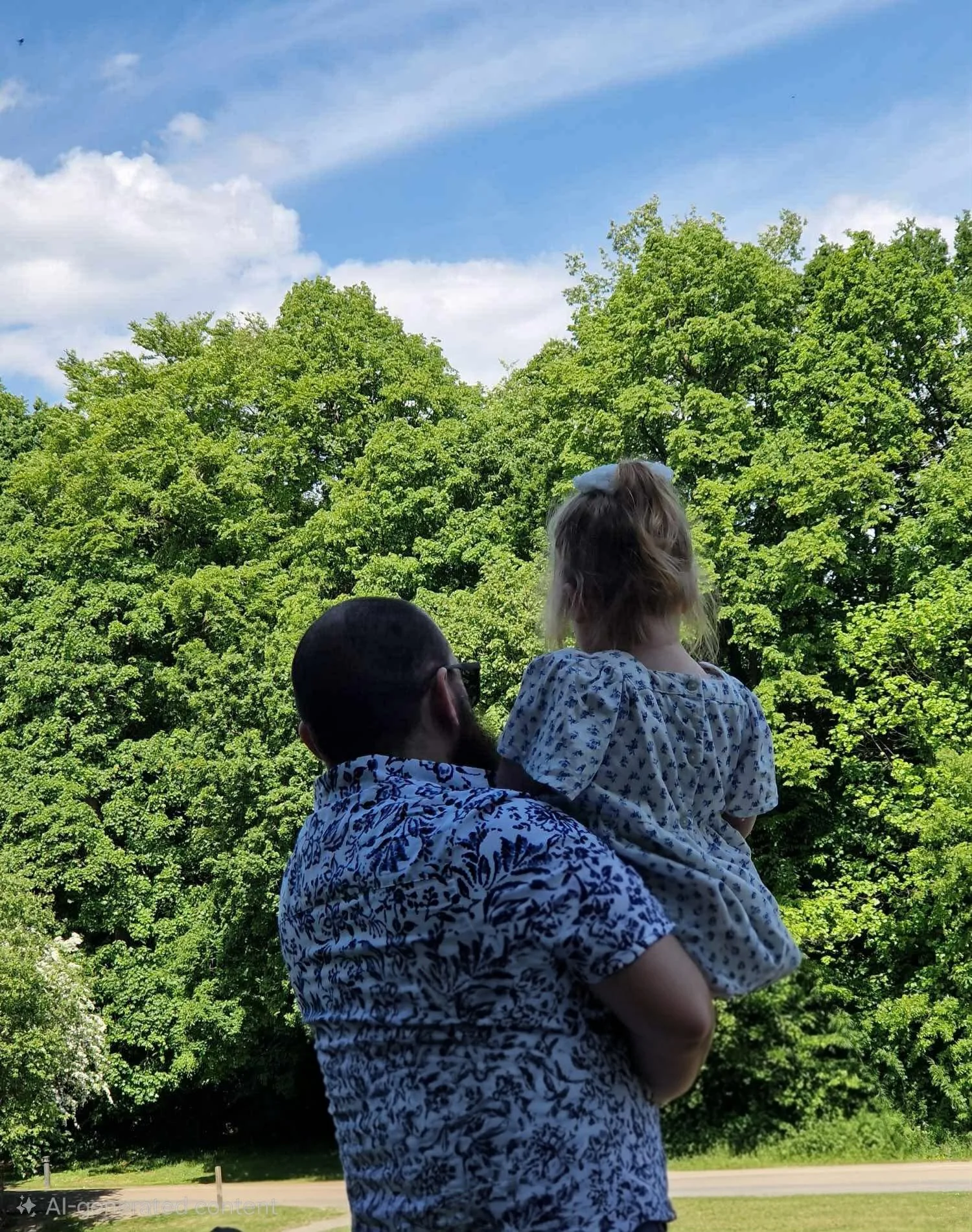 A person with dark hair and glasses holding a young girl with blonde hair in front of lush green trees under a partly cloudy sky.