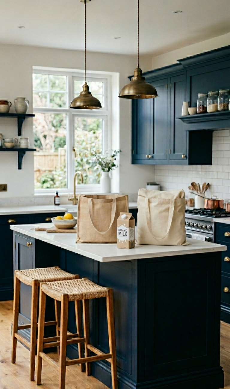 A modern kitchen with blue cabinets, a white marble countertop island, and two wooden bar stools. The island has two tote bags and a carton of organic milk. There are hanging pendant lights above the island.