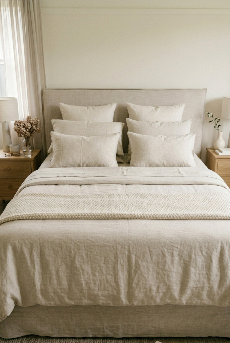 A neatly made bed with beige linens, six pillows, and a knitted throw blanket, flanked by wooden nightstands with lamps and decorative items.