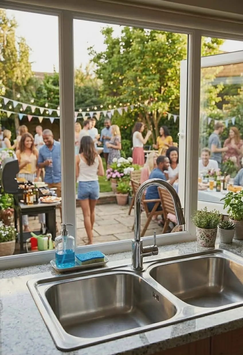 View through a kitchen window showing a backyard gathering with people socializing, some standing and some seated, at tables with food and drinks. There are string lights and bunting decorations, with trees and plants in the yard.