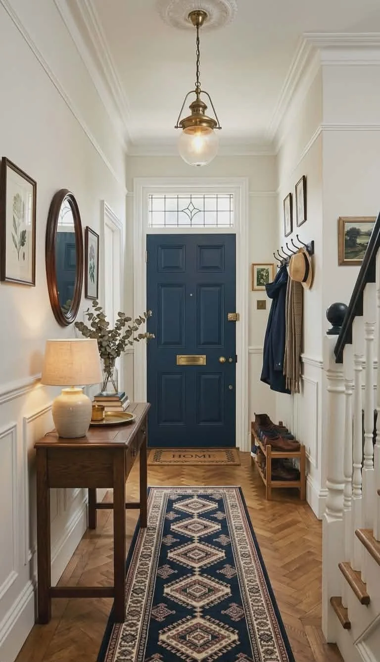 A cozy entryway with a blue front door, a wooden console table with a lamp and decorative items, a mirror and framed pictures on the walls, coat hooks with hats and jackets, a shoe rack, a patterned runner rug, and a ceiling light fixture.