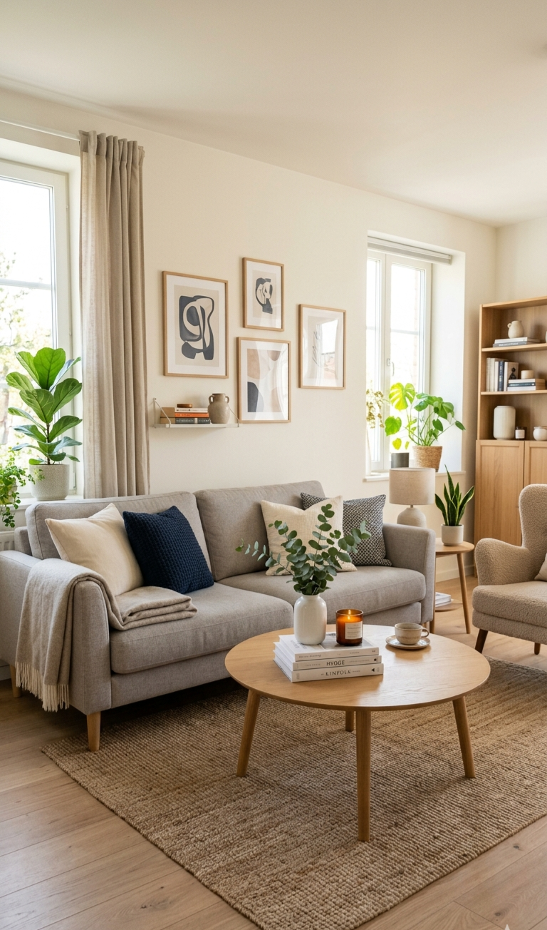 A cozy living room with a beige sofa, patterned cushions, a wooden coffee table with books, a vase with greenery, a candle, and a cup. There are large windows with curtains, potted plants, and framed abstract art on the wall.
