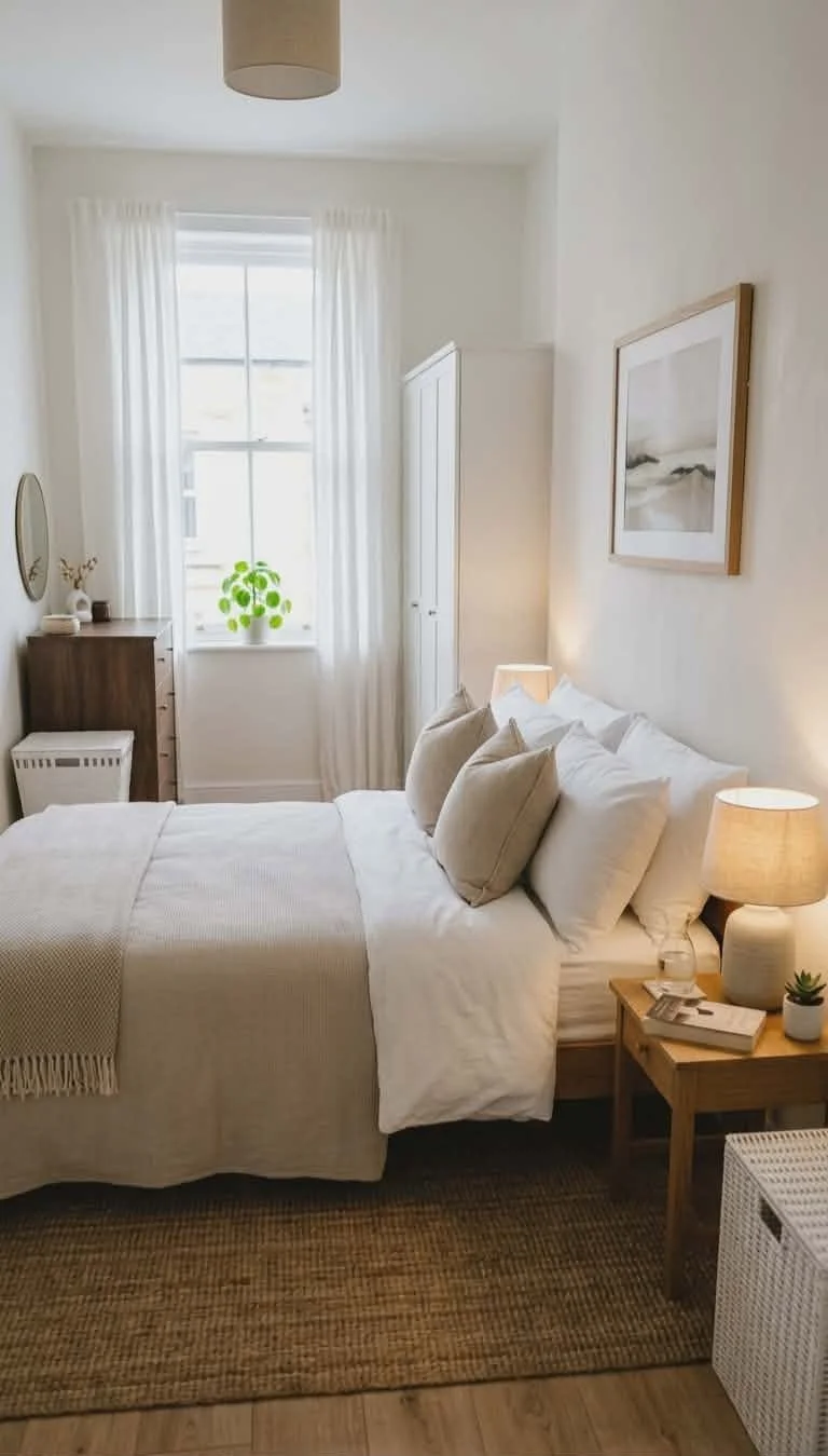A cozy, well-decorated bedroom with a white bed, beige throw, and several pillows. There's a wooden nightstand with a lamp, book, and small plant. A large window with sheer white curtains lets in natural light. A framed artwork hangs on the wall, and a white wardrobe is in the corner. A dresser with decorative items and a mirror is on the opposite side.