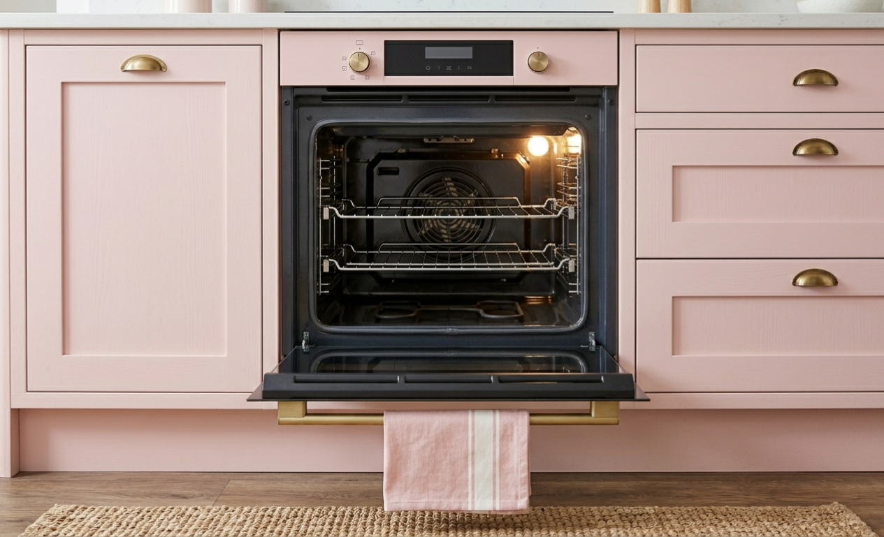 Pink kitchen oven with open door, a pink dishcloth hanging from the oven handle, and cabinets with gold handles.