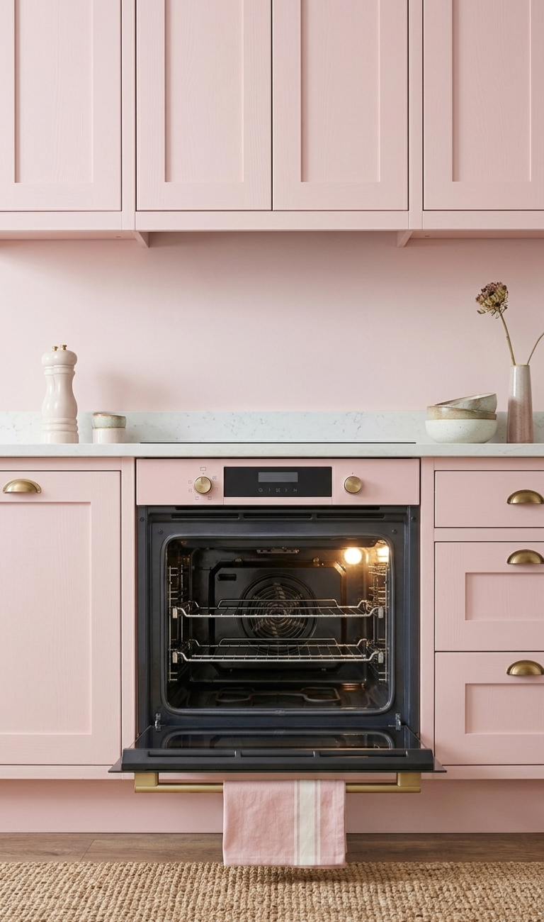 Pink kitchen cabinets and drawers with gold handles, built-in oven, white countertop, pink wall, and simple decorative items including a pink towel hanging from the oven handle, a vase with a flower, bowls, and a pepper grinder.
