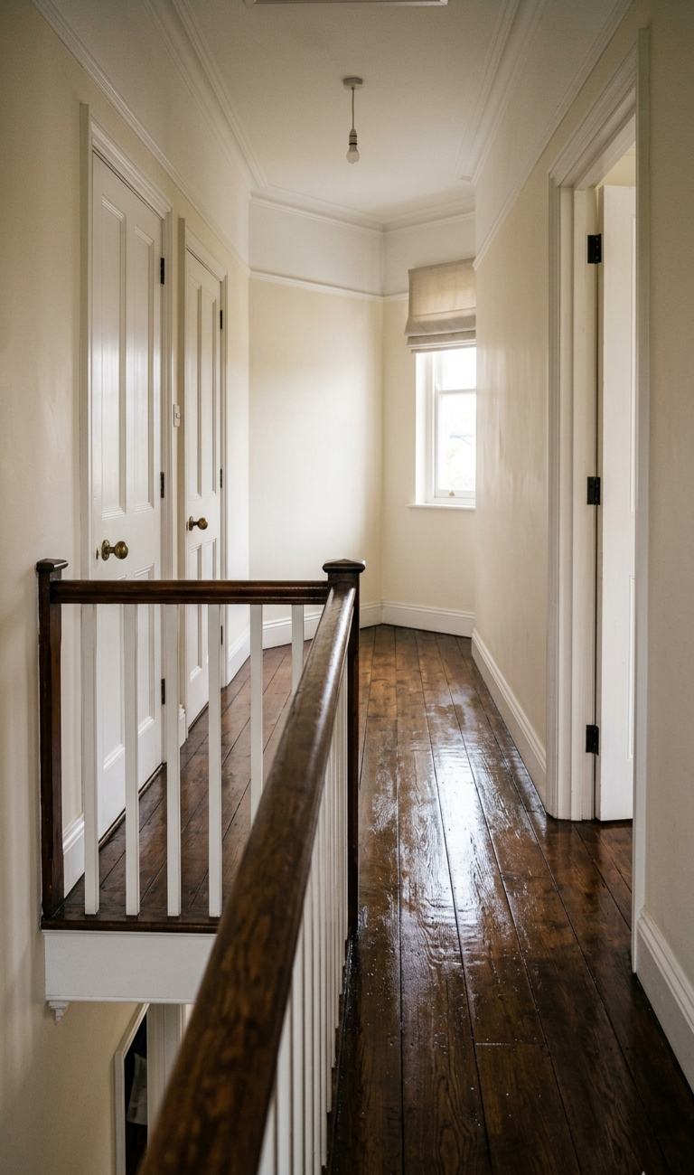 A narrow hallway with wood flooring, a window with a beige Roman shade, white walls, and a ceiling with a hanging light fixture. There are two closed white doors on one side and an open door on the other.
