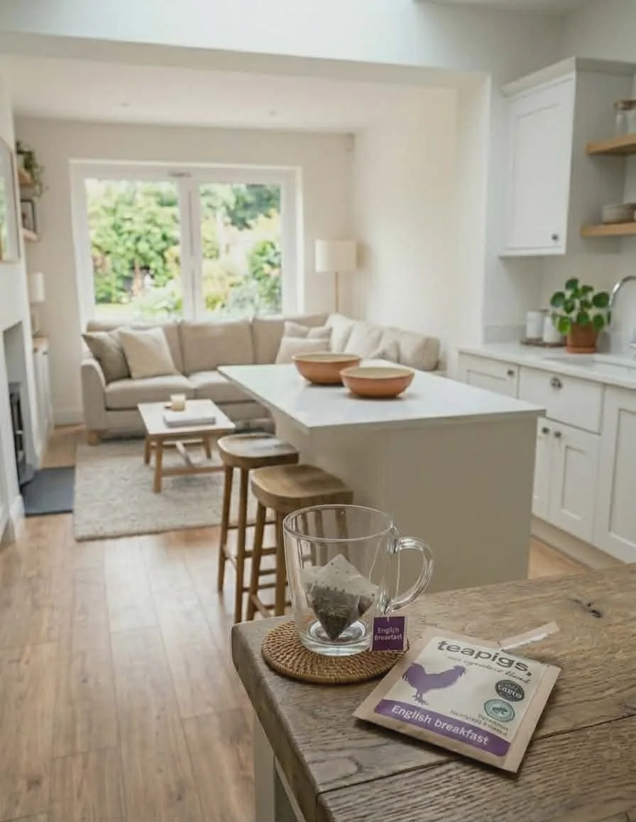 A cozy kitchen with a view of a living room. On the counter, there is a glass mug with tea bags inside and a packet of English breakfast tea. The kitchen has white cabinets, a small potted plant, and open shelves with dishes. The living room has a beige sofa, a coffee table, and a large window letting in natural light.