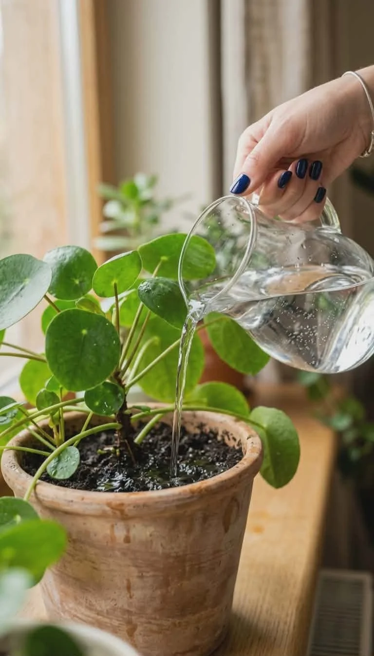 A close-up of a person's hand watering a potted green plant indoors.