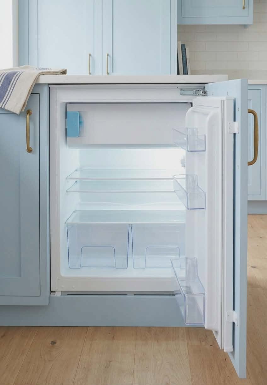 An empty white mini refrigerator with an open door in a light blue kitchen.