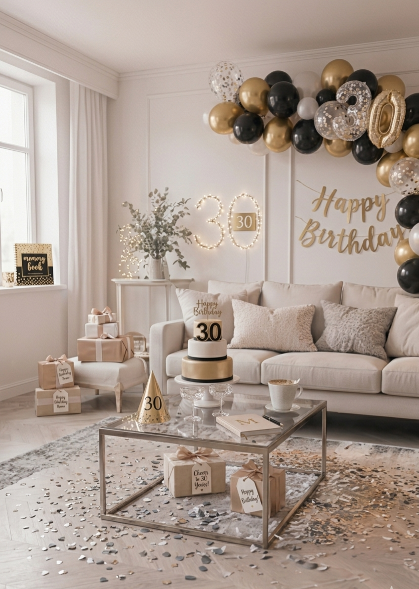Decorated living room celebrating a 30th birthday with black, gold, and white balloons, a "30" sign made of lights, a cake with a "30" topper, wrapped gifts, a "Memory Book" on the windowsill, and confetti on the floor.