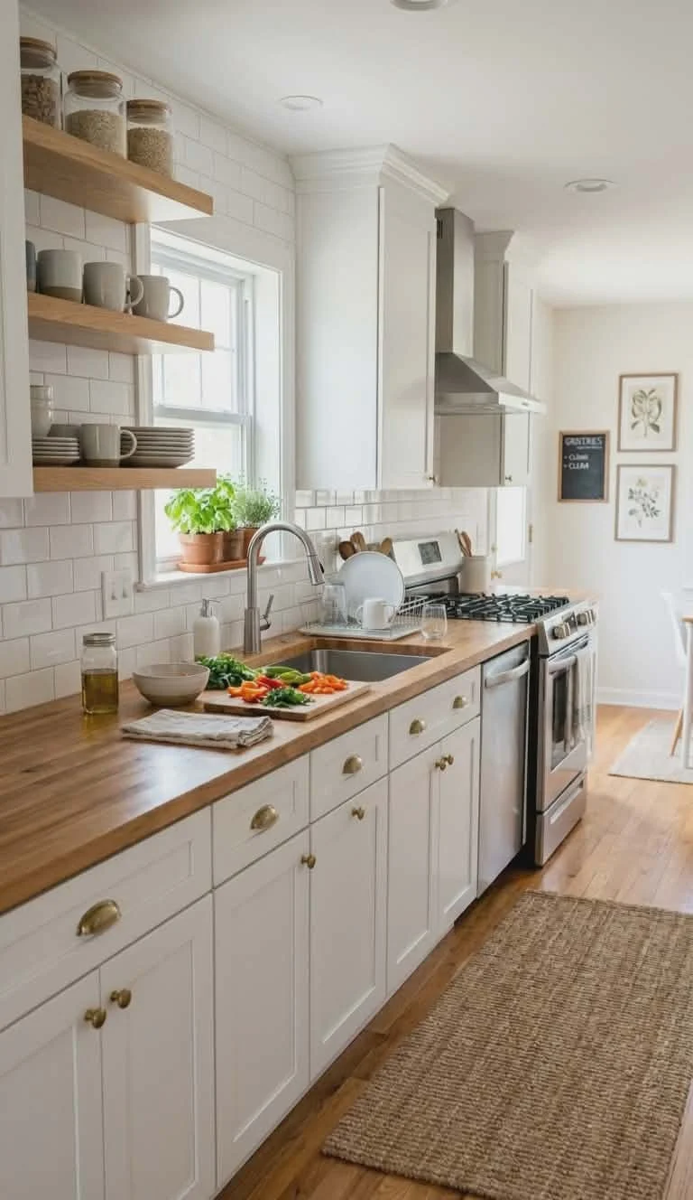 A bright white kitchen with wooden countertops, open shelves with mugs and jars, a window with a potted plant, and preparing vegetables on a cutting board next to a sink.
