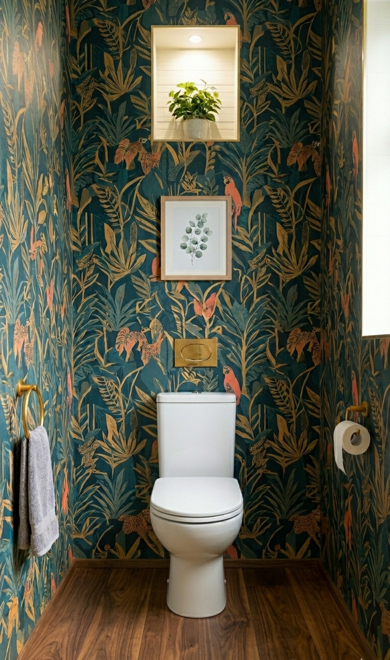 A small bathroom with tropical-themed wallpaper featuring leaves, jaguars, and parrots. There is a white toilet against the back wall. Above the toilet are two framed pictures of greenery and a small white floating shelf with a potted plant. To the left is a brass towel holder with a gray towel, and to the right is a brass toilet paper holder. The floor is wooden.