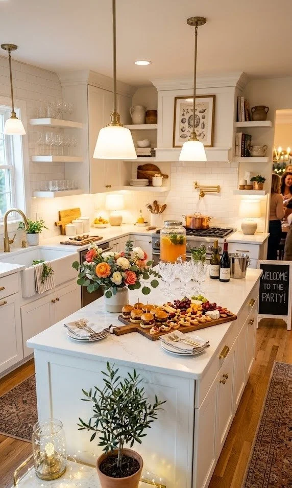 A kitchen island with a flower arrangement, serving tray with mini sandwiches and cookies, and drinks, set up for a party. There is a welcome sign in the background, and the kitchen features white cabinets, open shelves, and pendant lights.