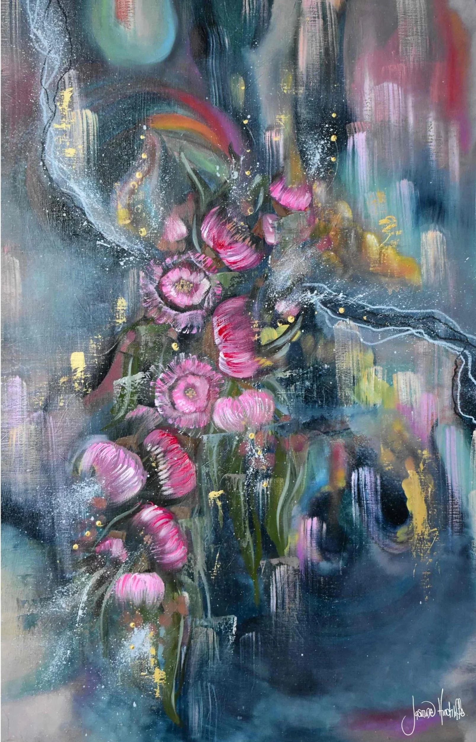 Abstract painting featuring a cluster of pink flowers with green stems, set against a dark, multicolored background with streaks of blue, purple, and yellow, and splashes of white paint.
