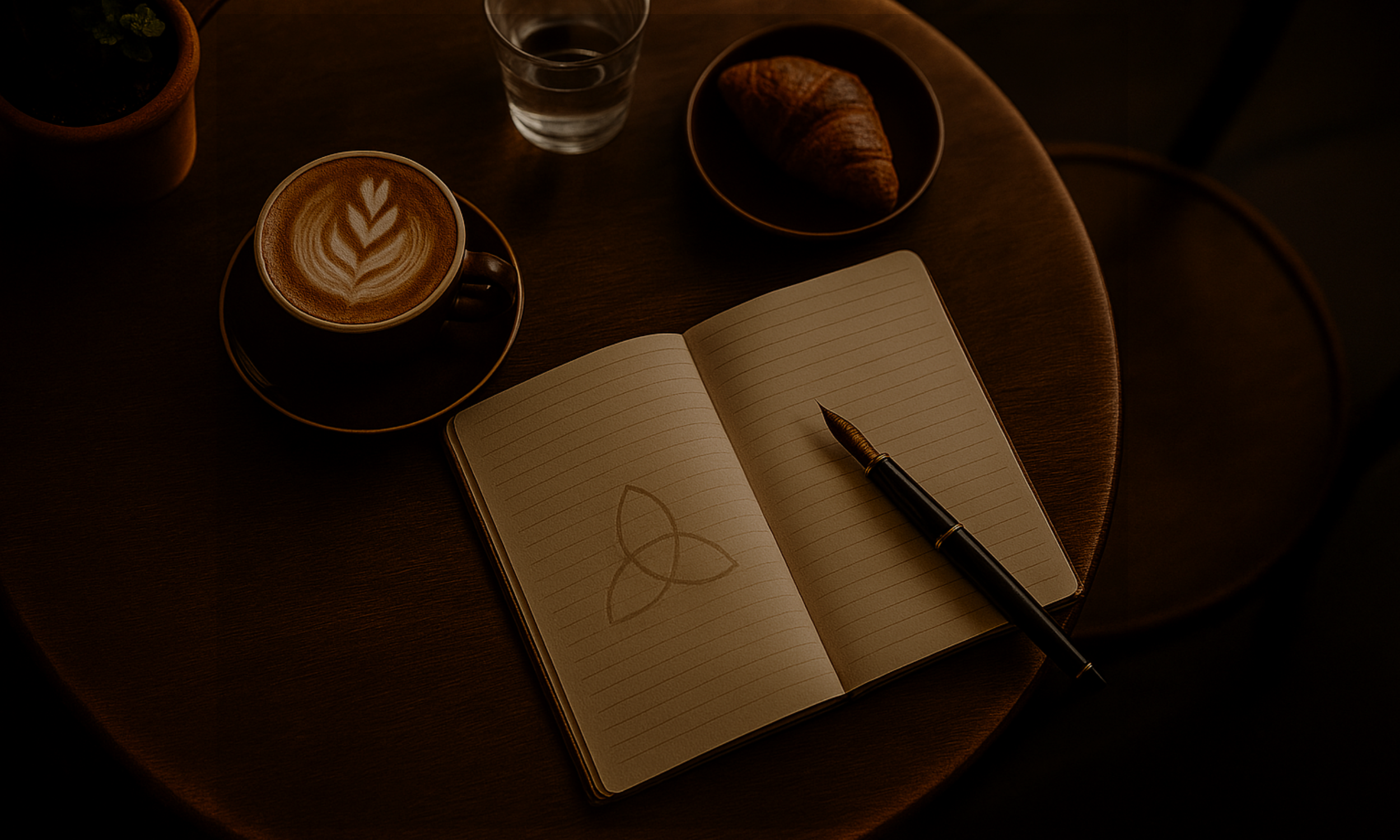Overhead view of a café table with a cup of latte featuring leaf-shaped foam art, a notebook, and a pen — evoking warm, reflective, and masculine stillness.