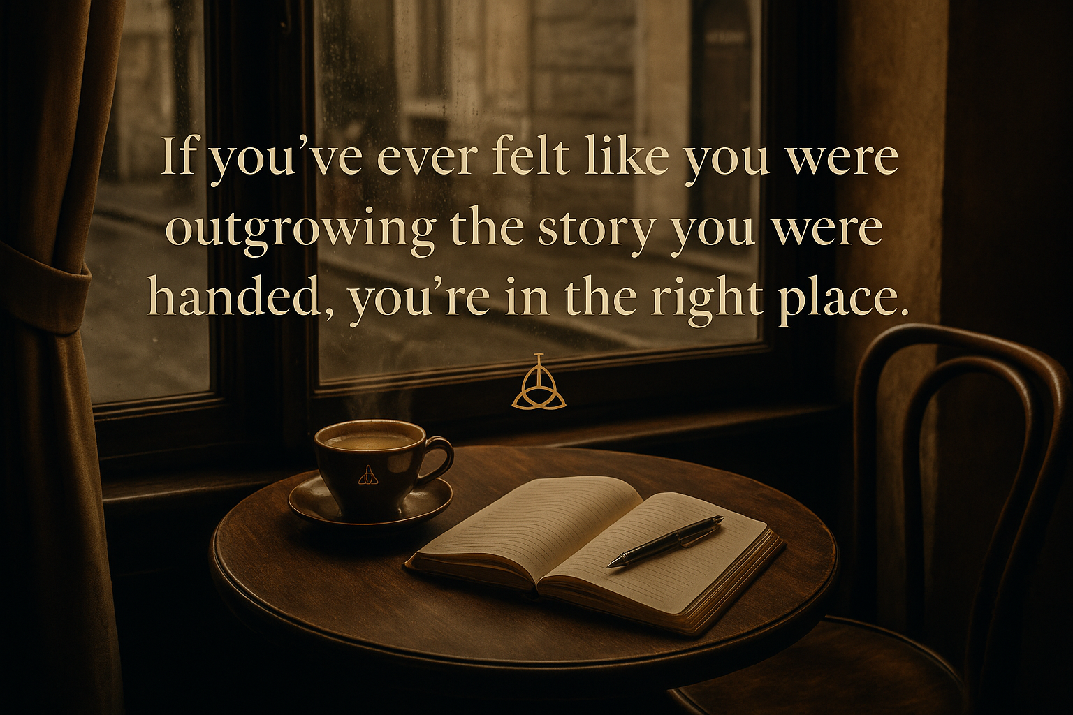 A cozy window-side cafe table with a coffee mug and an open journal and pen. Overlay reads: If you've ever felt like you were outgrowing the story you were handed, you're in the right place.