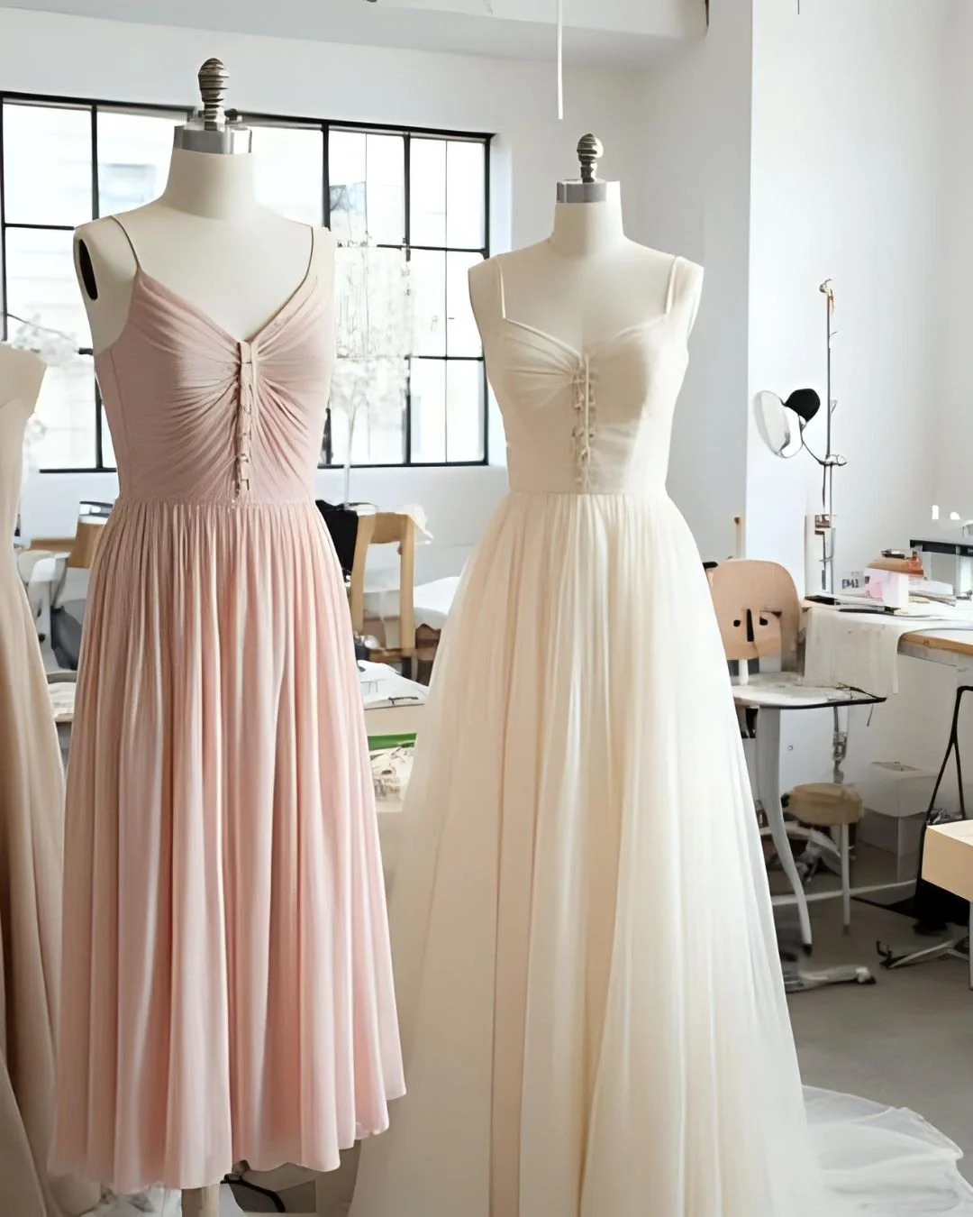 Two mannequins dressed in wedding gowns inside a design studio with large windows and sewing tables in the background.