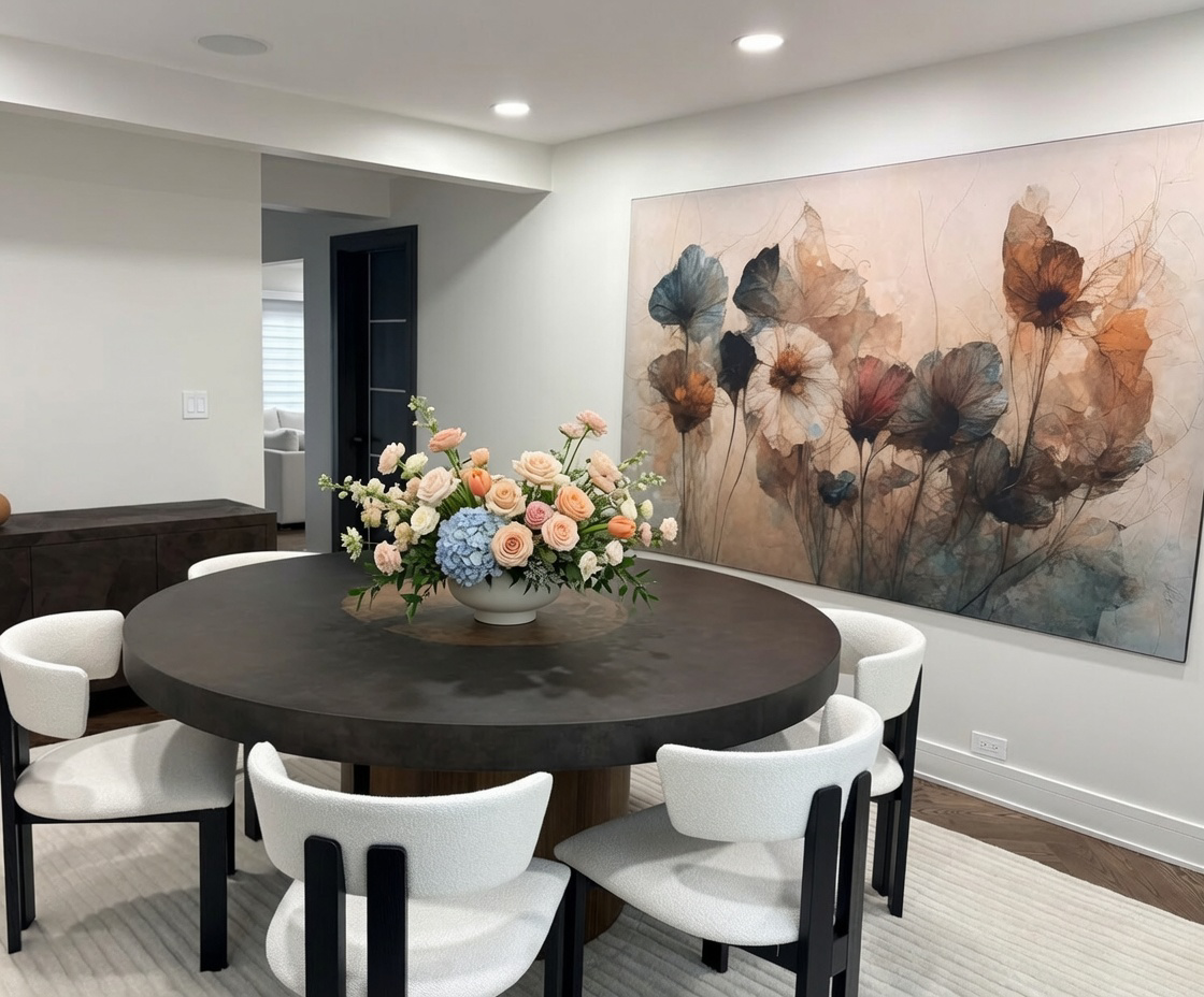 A modern dining room with a round black table and six white cushioned chairs, decorated with a large floral arrangement in a white vase. There is a large abstract flower painting on the wall behind the table.