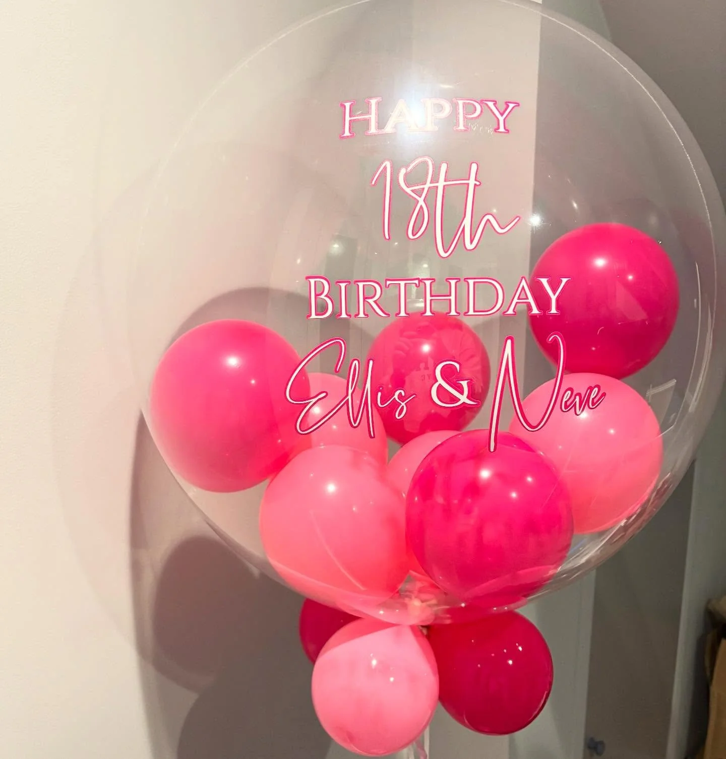 18th birthday bubble balloon for Ellis &amp; Neve 💓🎈 #balloonstylist #bubble #bubbleballoons #pink #eighteen #18 #birthday  #pink #balloondecoration #balloonart #girls #happybirthday