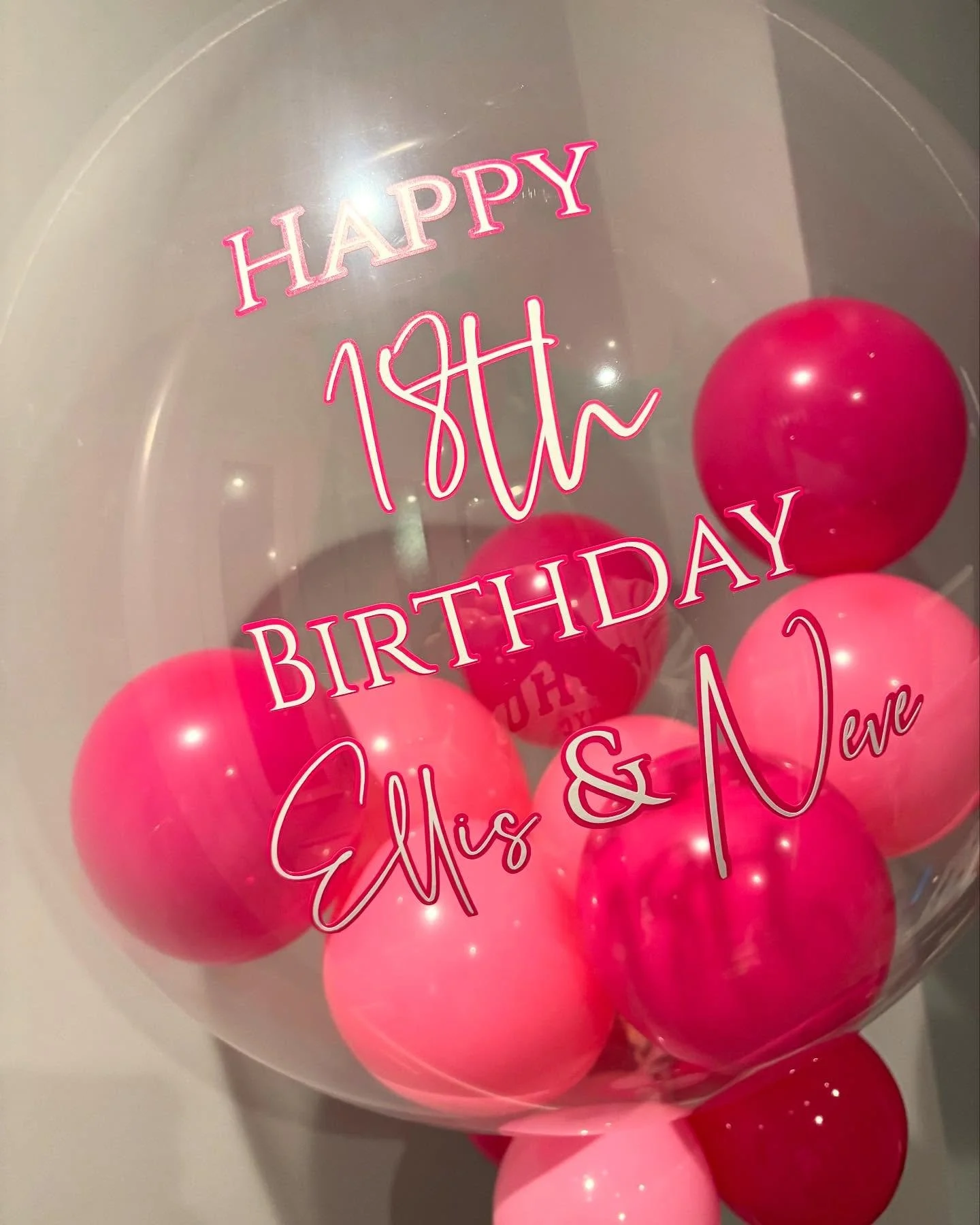 18th birthday bubble balloon for Ellis &amp; Neve 💓🎈 #balloonstylist #bubble #bubbleballoons #pink #eighteen #18 #birthday  #pink #balloondecoration #balloonart #girls #happybirthday