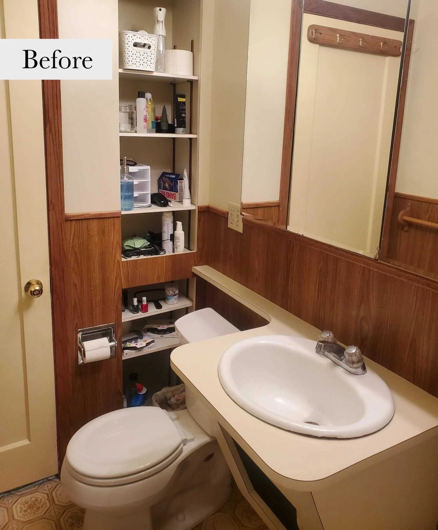 A small bathroom with wood-paneled walls, a white toilet, a sink with a curved cabinet, a mirror, and a built-in shelf with toiletries and cleaning supplies. The image is labeled 'Before'.