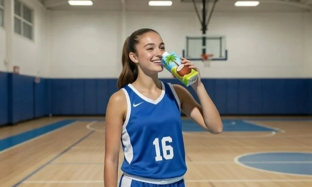 High school basketball player hydrating with a coconut water electrolyte drink after practice