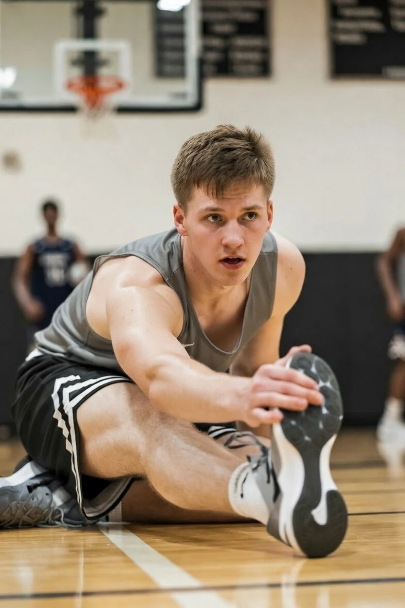 Basketball player stretching hamstring on indoor court before practice