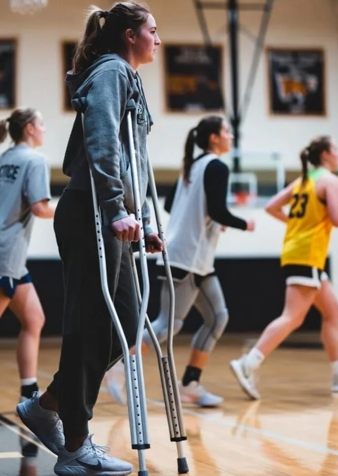Injured basketball player on crutches watching teammates practice highlighting the impact of injury and lack of availability