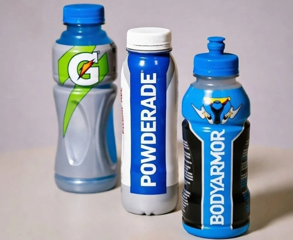 Popular sports drinks for hydration including Gatorade, Powerade, and BodyArmor bottles.