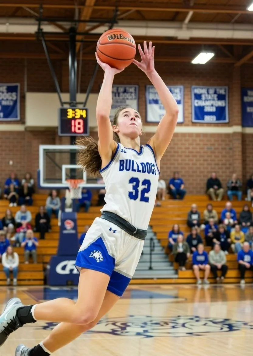 Female basketball player performing a layup demonstrating proper movement mechanics and body control during gameplay
