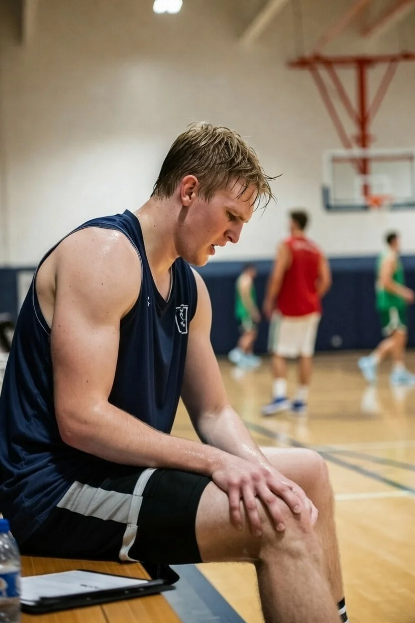 Basketball player holding knee and resting during practice, showing signs of fatigue