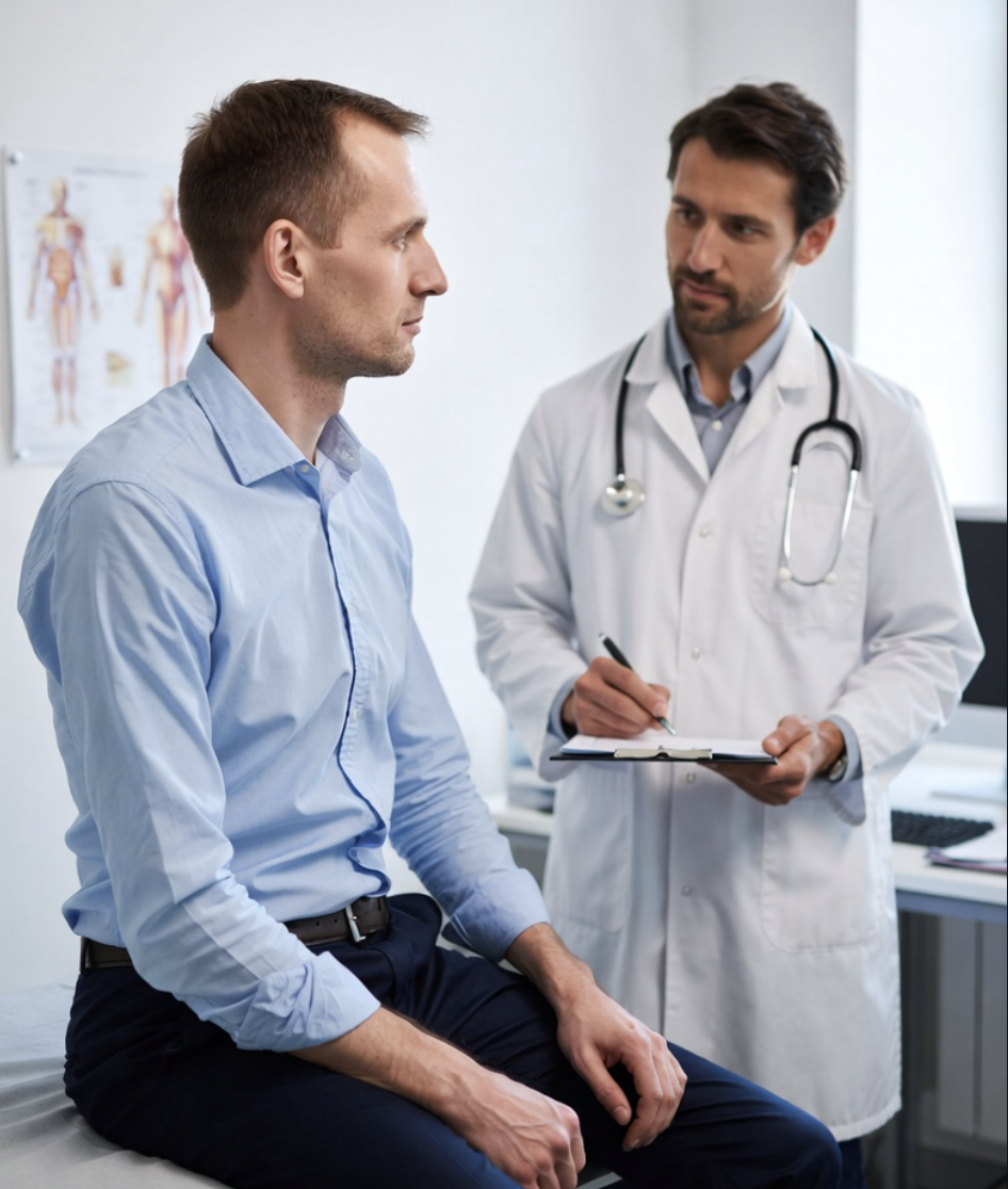 Adult recreational basketball player speaking with an orthopedic doctor during an office visit