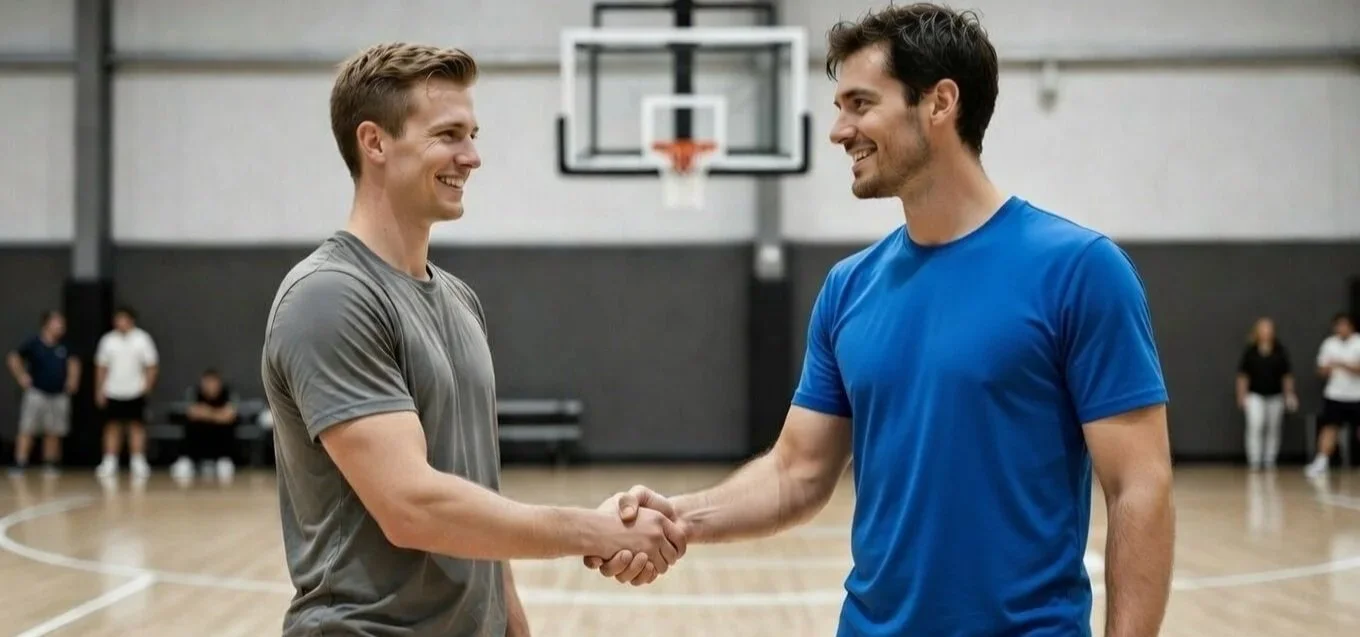 Two professionals talking on a basketball court representing basketball brand collaboration and partnership