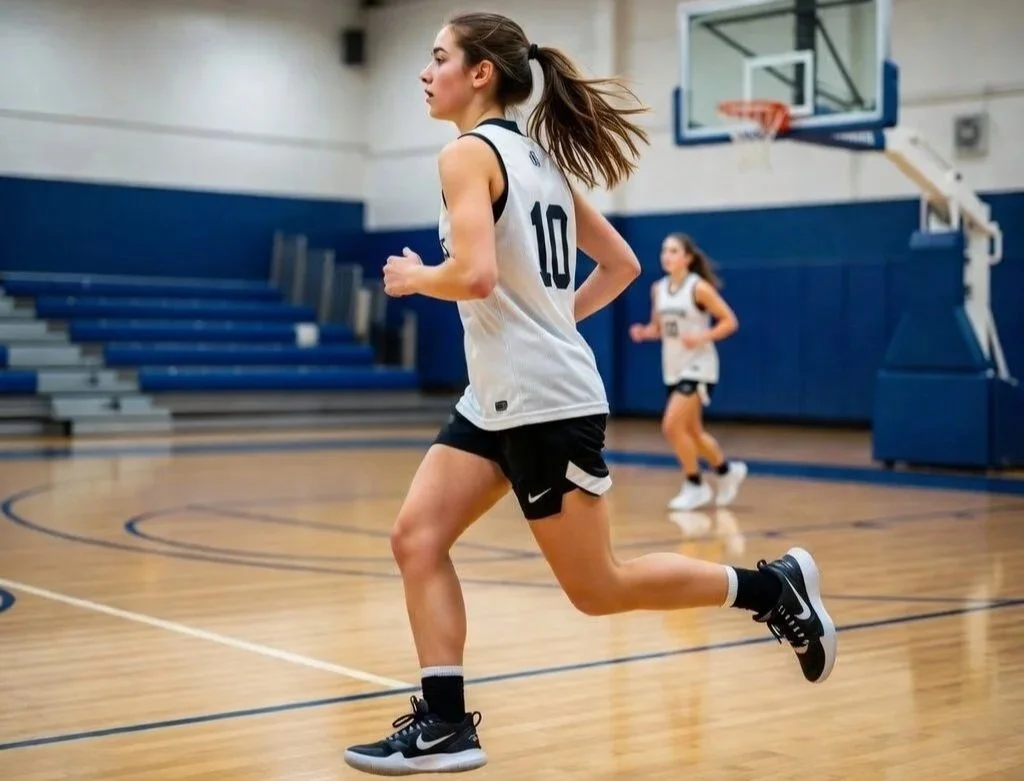 basketball player running during practice on indoor court