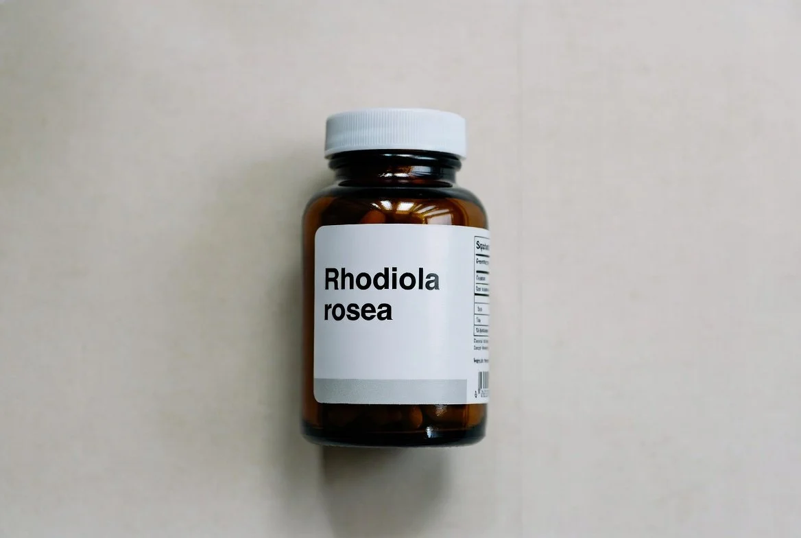 Rhodiola rosea supplement bottle, an adaptogen used in non-stim pre workouts to improve energy and endurance without caffeine.